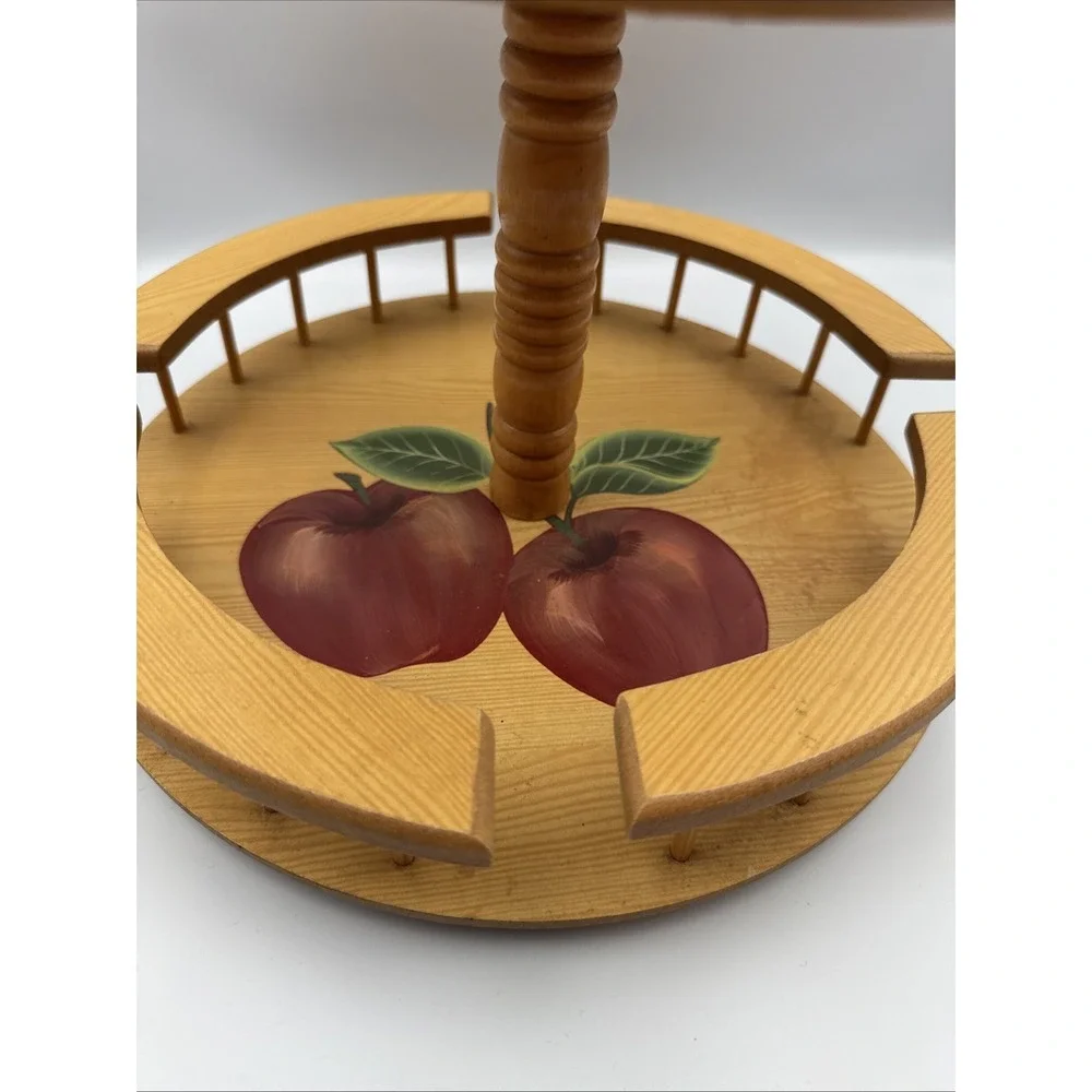 VTG  2-Tier Spice Rack Lazy Susan Wood Apple Decor Cottagecore Grannycore